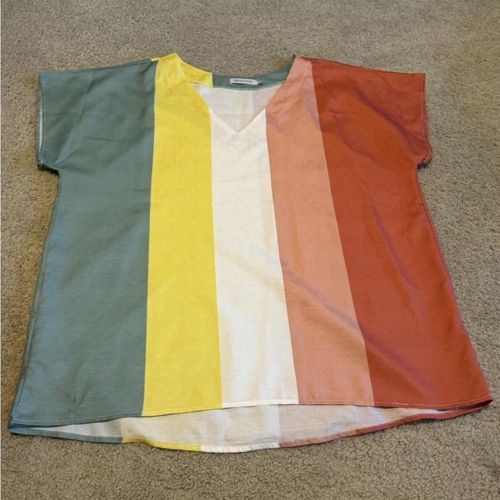 Mislook Multi Color Vertical Stripe Short Sleeve V-Neck Top‎ Plus Size 2X